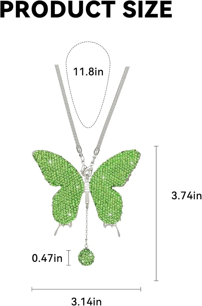 Couslcd Bling Butterfly Diamond Car Accessories, Crystal Car Rear View Mirror Charms for Women, Auto Decoration Lucky Hanging Interior Crystal Ornament Pendant Decor for All Cars (Light Green) - Image 2